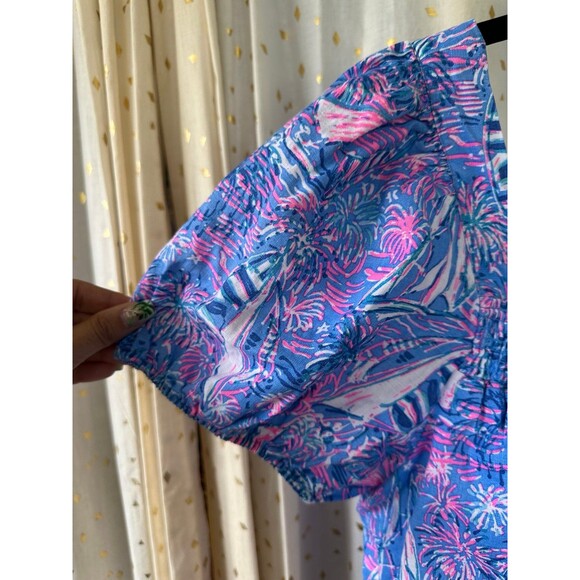 NWOT Lilly Pulitzer 100% Linen Keating Smocked Short Puff Sleeve Peasant Top 16 - Picture 4 of 8